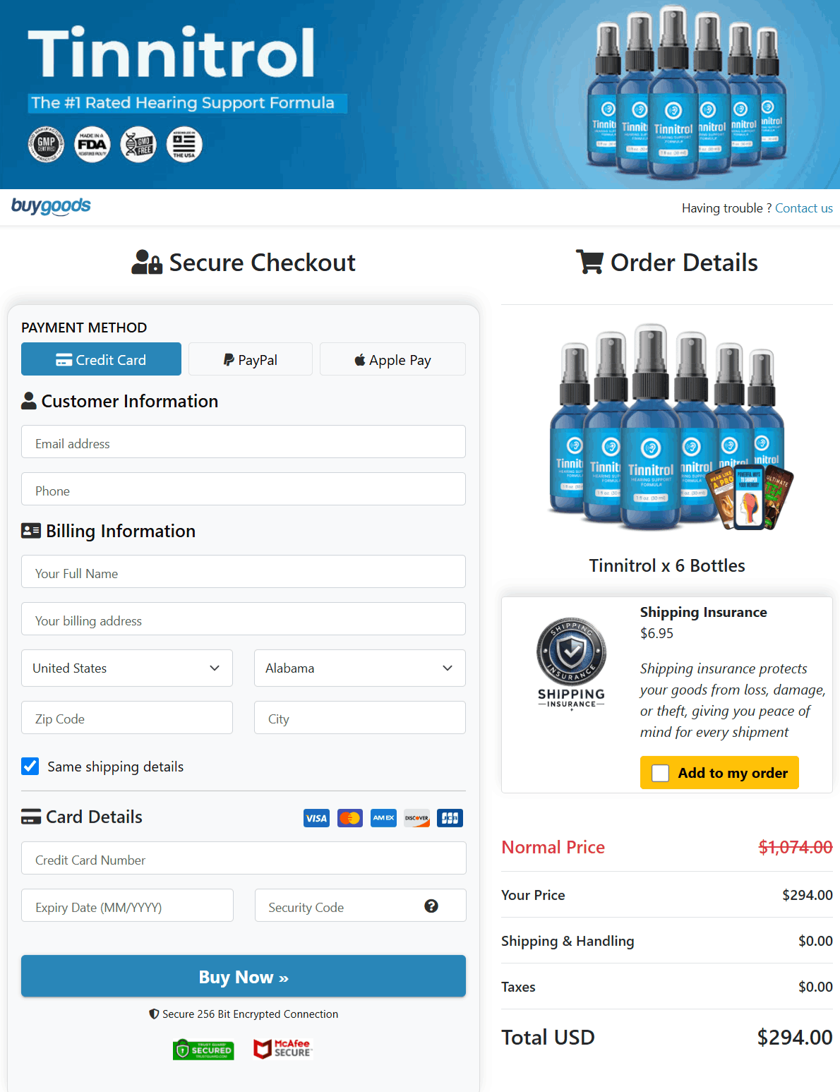 Tinnitrol Checkout page